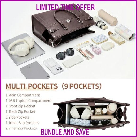 15.6 Inch Vegan Leather Laptop Tote Bag with 9 Pockets, Shoulder & Handbag - Picture 3 of 8